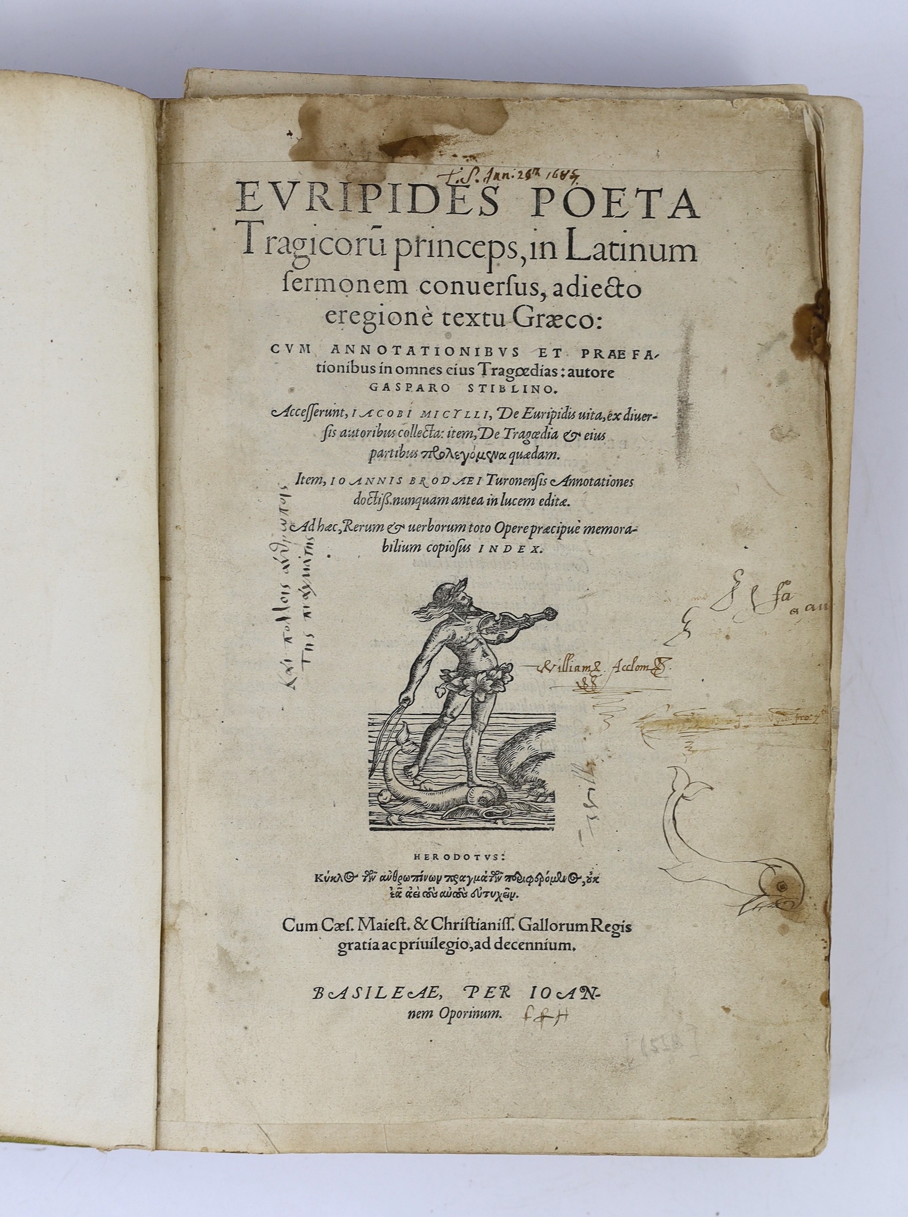 Euripides - Poeta, Tragicoru Princeps, in Latinum Sermonem Conversus..., (translated and edited G. Striblinus et al). engraved title device, engraved headpiece decorations, historiated and decorated initials. 667pp., col